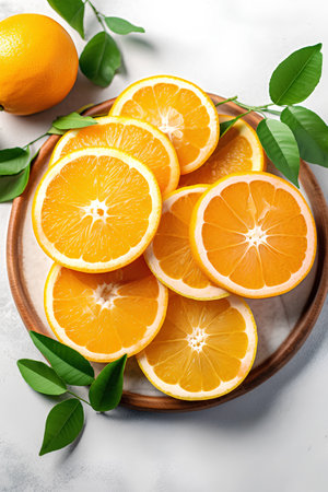 Slices of orange with green leaves on a white background.の素材