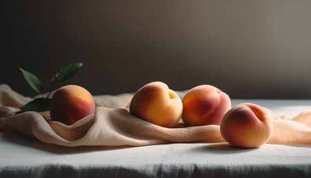 Fresh peaches with leaves on linen tablecloth, selective focus.の素材