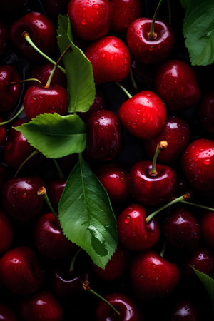 Red cherries with green leaves and water drops on a black backgroundの素材