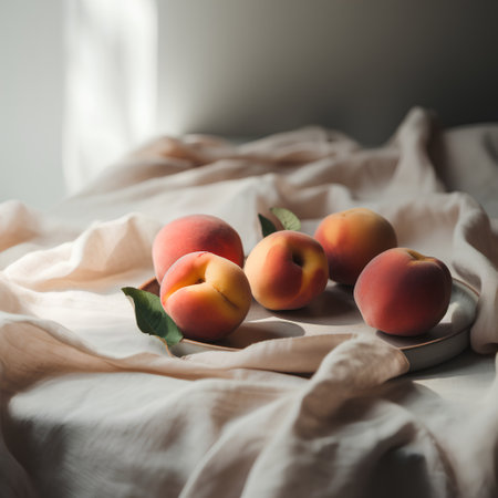 Ripe apricots on a linen tablecloth. Selective focus.の素材