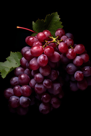 Bunch of ripe red grapes with green leaves isolated on black backgroundの素材