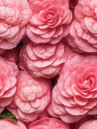 Pink camellia flowers with water drops. Floral background.の素材
