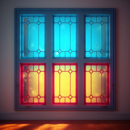 3d rendering of a window in a room with colored glass.の素材