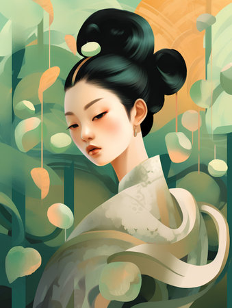 Illustration of a Japanese geisha in a traditional kimonoの素材