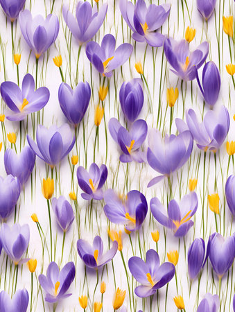Seamless pattern with purple crocus flowers on white background.の素材