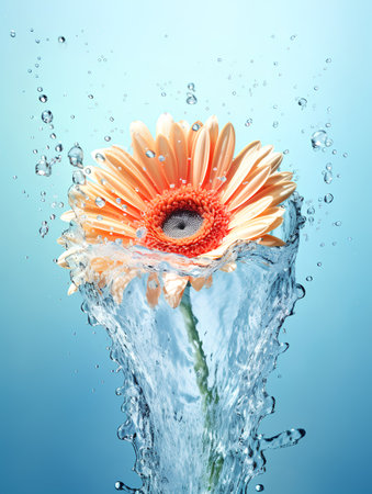Orange gerbera flower in water splashes on blue background.の素材