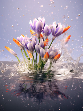 Beautiful crocus flowers in water splash. 3D illustration.の素材