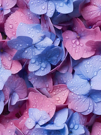 Beautiful hydrangea flowers background with water drops. Top view.の素材