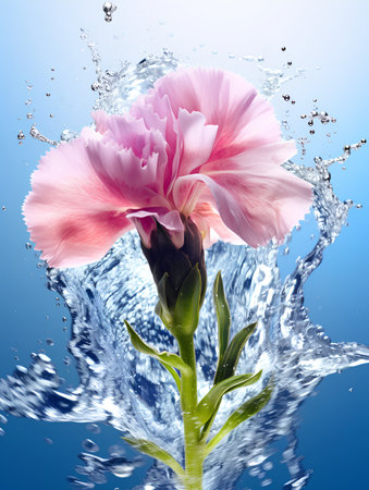 Beautiful pink carnation flower in water splash on blue background.の素材