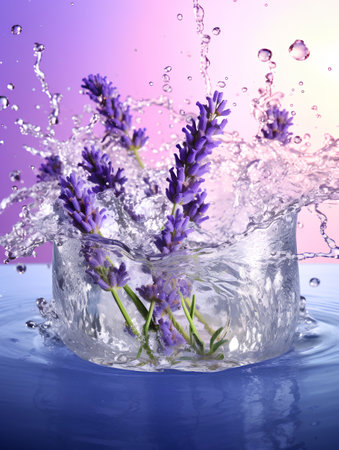 Lavender flowers in water with splash and drops, purple backgroundの素材