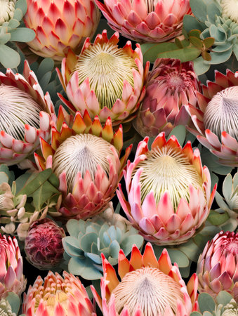 Beautiful protea flowers on black background. Seamless pattern.の素材