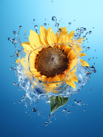 Sunflower in water splashes on blue background. 3d renderingの素材
