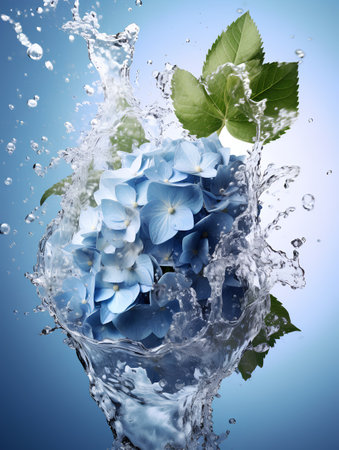 Blue hydrangea in water splashes on a blue backgroundの素材