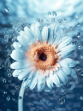 Beautiful gerbera flower in water with bubbles on blue backgroundの素材