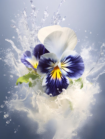 water splash with pansy flowers on a blue background. 3d renderingの素材