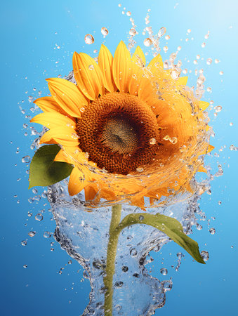 Sunflower in water splash on a blue background. 3d renderingの素材