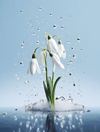 Spring snowdrop flower in water on blue background. 3d illustrationの素材