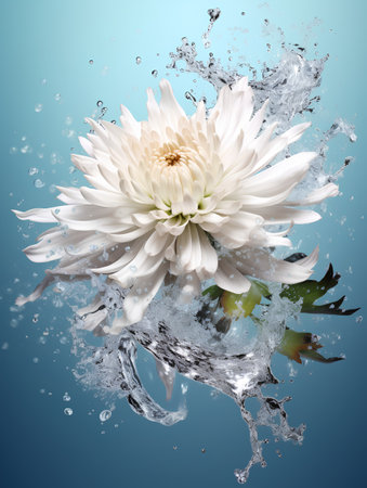 White chrysanthemum in water splashes on blue backgroundの素材