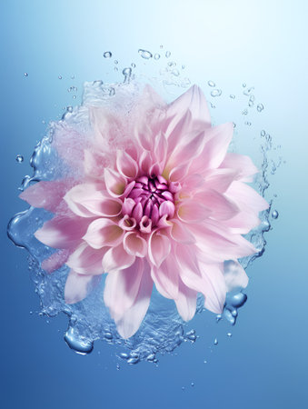 Beautiful pink dahlia flower in water splash on blue backgroundの素材