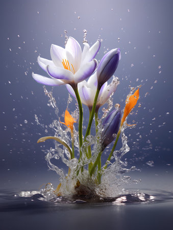 Beautiful crocus flowers in water on a dark background. 3d renderingの素材