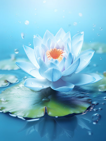 Beautiful water lily or lotus flower on blue background.の素材