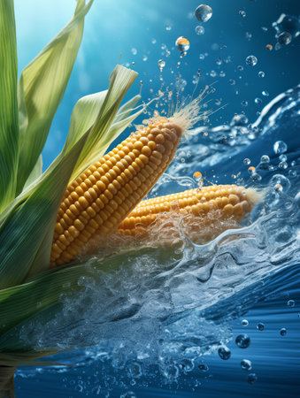 Fresh corn with water splash on blue background. 3d illustration.の素材