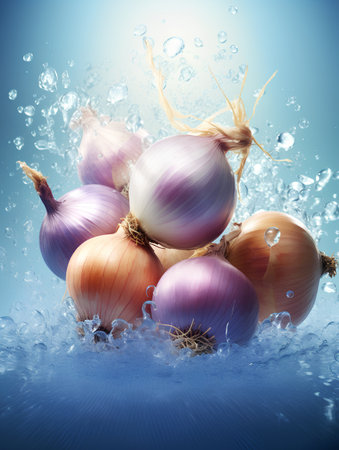 Fresh onions with water splash on blue background. 3d illustration.の素材