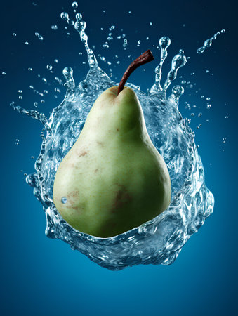 Fresh pear in water splash on blue background. 3d illustration.の素材
