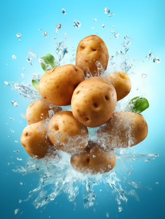 Fresh potatoes with water splash on blue background. 3d illustration.の素材