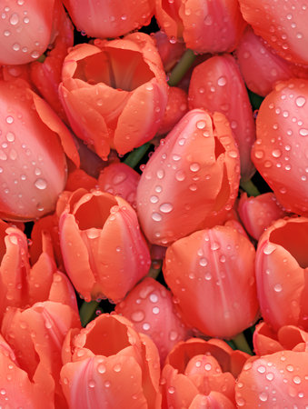 Bouquet of red tulips with water drops. Floral background.の素材