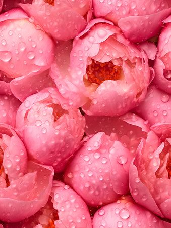 pink peony flowers with water drops background. top view.の素材