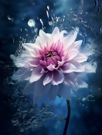 Beautiful pink dahlia flower on a blue background with water dropsの素材