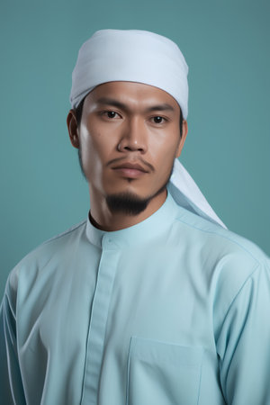 Portrait of Asian muslim man in turquoise suit.の素材