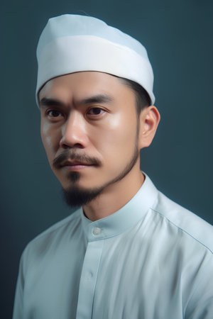 Portrait of Asian muslim man wearing white shirt and hat.の素材