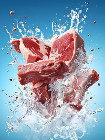 Pieces of raw meat with splashes of water on blue backgroundの素材