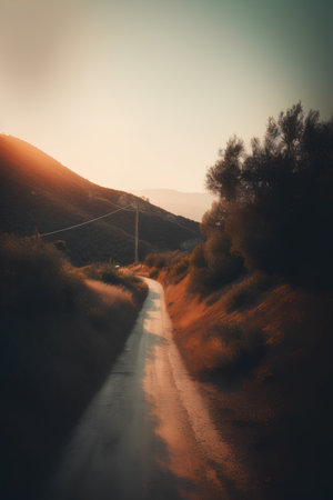 Gravel road in the mountains at sunset. Toned image.の素材