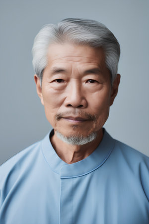 Portrait of asian senior man with grey hair isolated on grey backgroundの素材