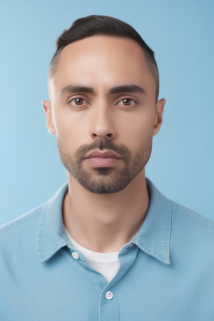 Portrait of handsome young man with beard, isolated on blue backgroundの素材