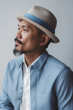 Portrait of handsome asian man wearing hat and blue shirt.の素材