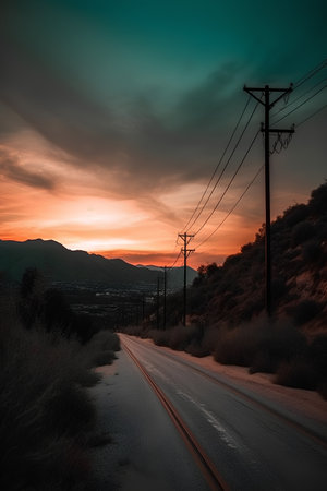Sunset on a desert road with power lines and trees in the backgroundの素材