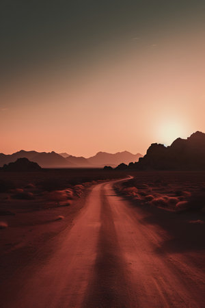 Dirt road in the desert at sunset. 3D rendering.の素材