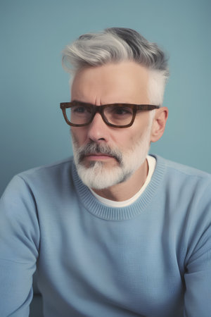 Portrait of senior man with grey hair wearing eyeglasses and blue sweaterの素材