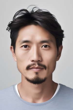 Portrait of handsome asian man with beard and mustache on grey backgroundの素材