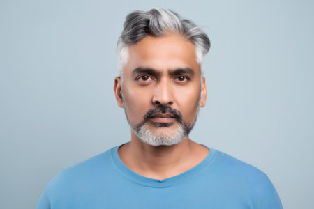 Portrait of an Indian man with grey hair and beard on blue backgroundの素材