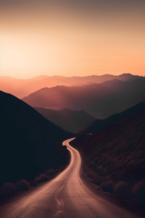 Road in the mountains at sunset. Travel concept. Retro style.の素材