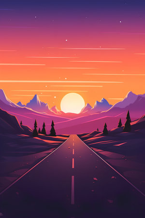 Road in the mountains at sunset. Vector illustration in flat style.の素材