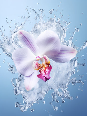 Water splash with orchid flower on blue background. 3d renderingの素材