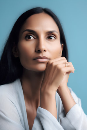 Thoughtful young woman touching chin and looking away while standing against blue backgroundの素材