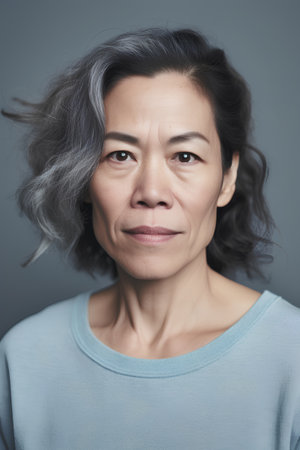 Portrait of a beautiful asian woman with grey hair and blue t-shirtの素材
