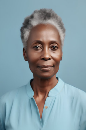 Portrait of smiling african american woman in blue shirt against blue backgroundの素材